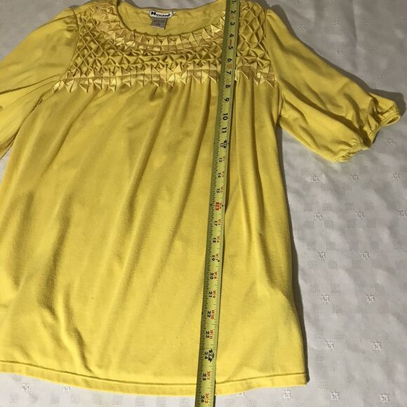 Peter Nygard Top Womens M Argyle Blouse Pullover Yellow Stretch 3/4 SLV Bohemian - Picture 6 of 7